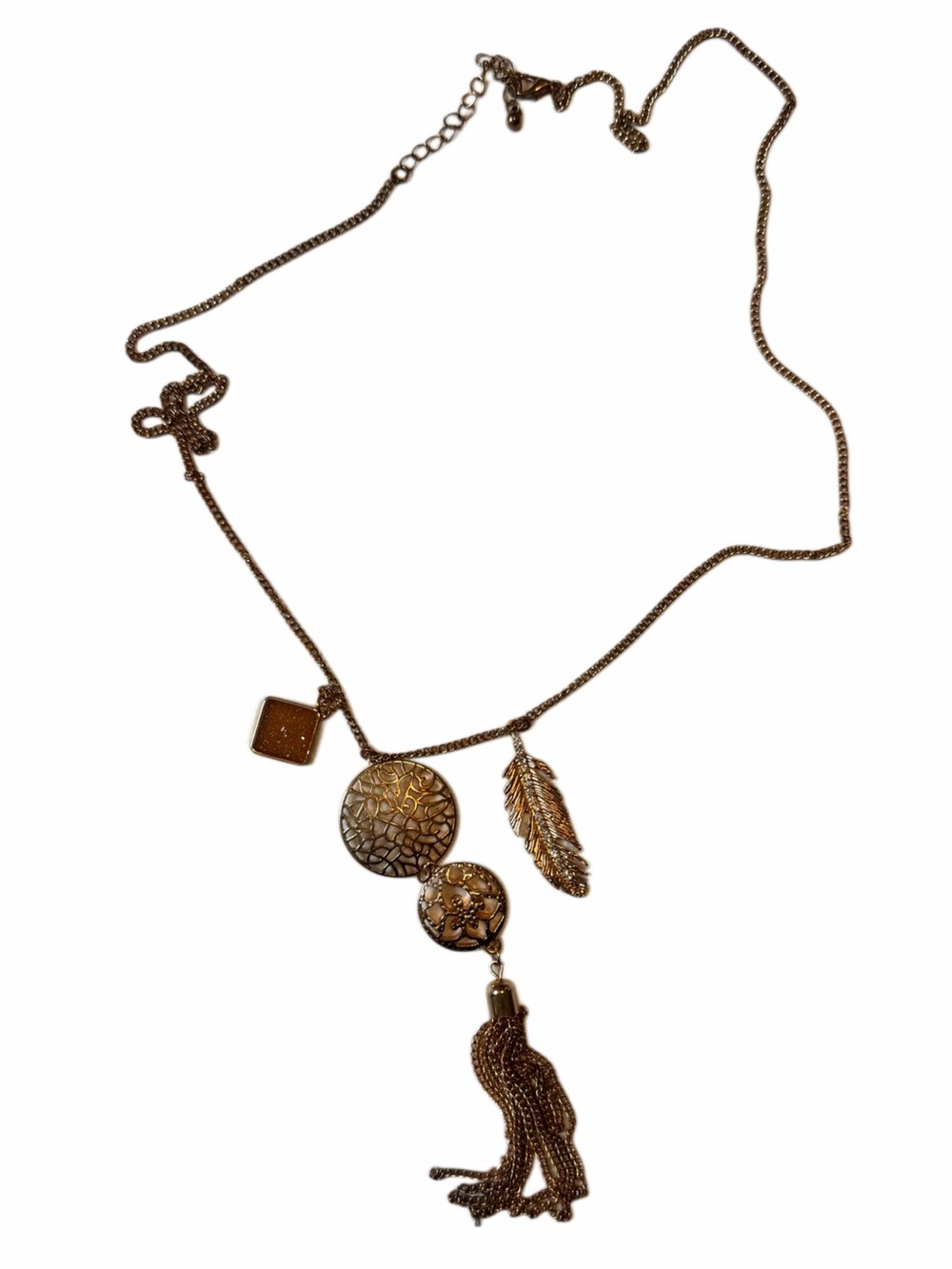 Boho Gold Tone Multi Charm Necklace Feather Rhinestone Druzy Tassel Pendant